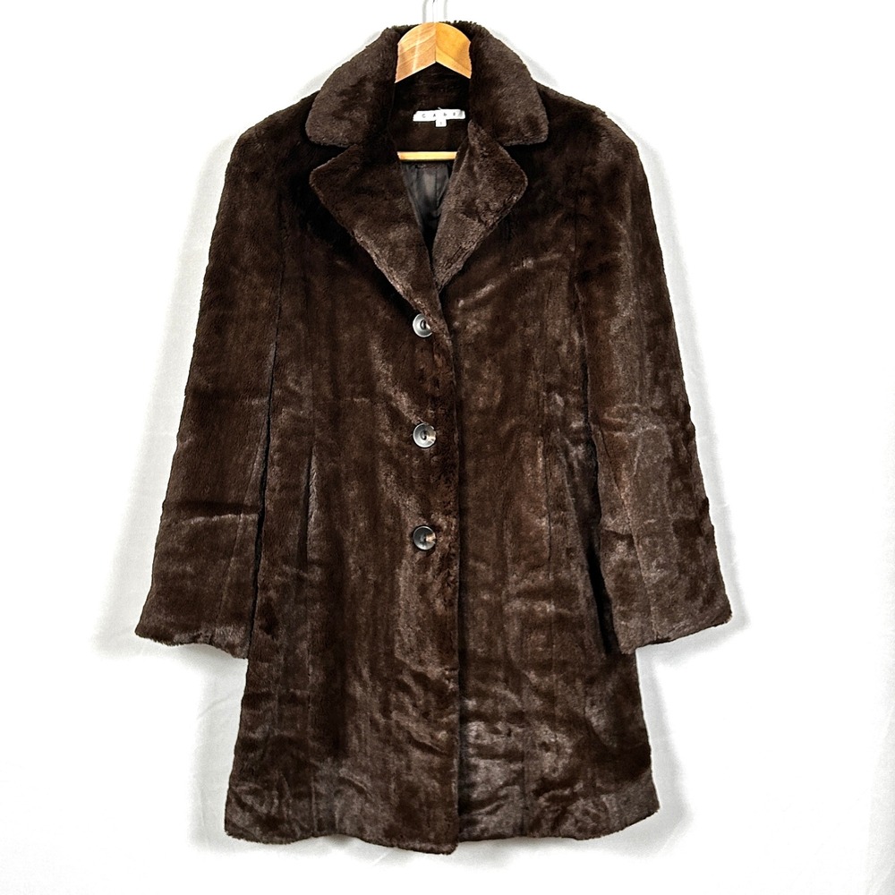 Vintage Cabi Faux Fur Coat Womens S Brown Plush Peacoat Midi Winter Luxury Chic